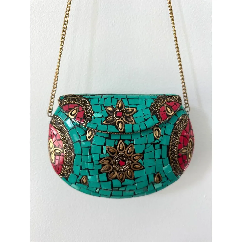 Vintage Turquoise Mosaic Tile Purse Coral Stone Inlay Crossbody Gold Chain Bag